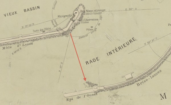 Fig. 13. Detail of map of Sète (Cette), 1910, with diagram indicating Le Gray’s motif in figure 1. From Plan du port de Cette (Cette: Daumas-Brau, 1910). Photo: Bibliothèque nationale de France, Paris.