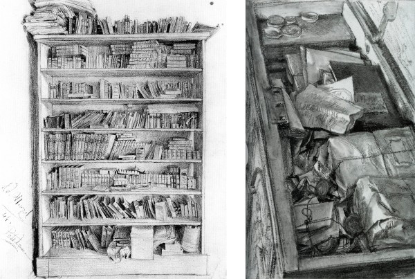 11. Adolph Menzel, Dr. Puhlmann’s Bookcase, 1844. Pencil, 26.9 x 21 cm. Kupferstichkabinett, Berlin. 12. Adolph Menzel, Old Documents in a Chest, ca. 1880–90. Pencil, 20.9 x 12.8 cm. Kupferstichkabinett, Berlin.